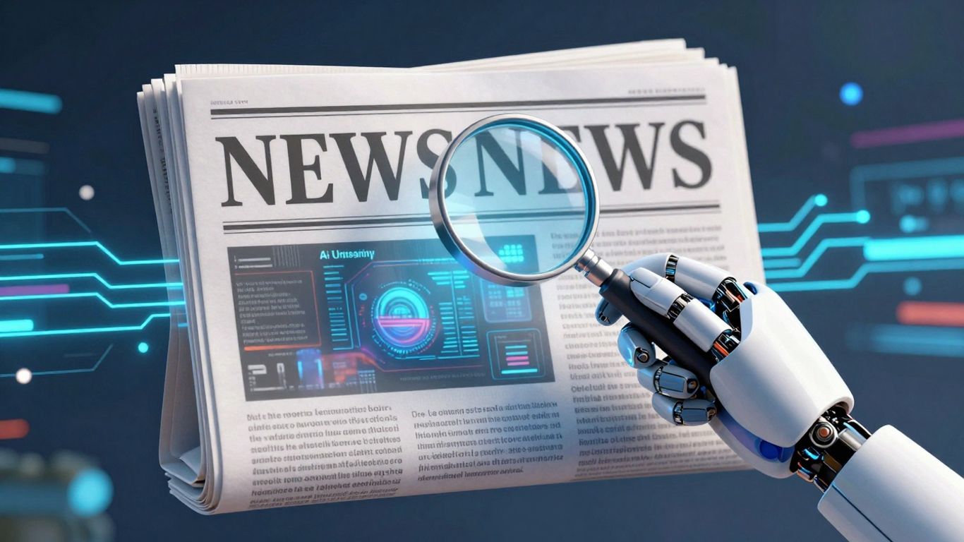 AI newspaper with robot hand and magnifying glass.