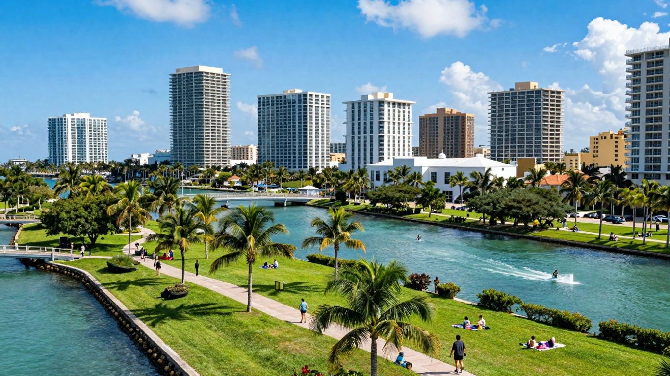 Aventura, Florida skyline with parks and waterways.