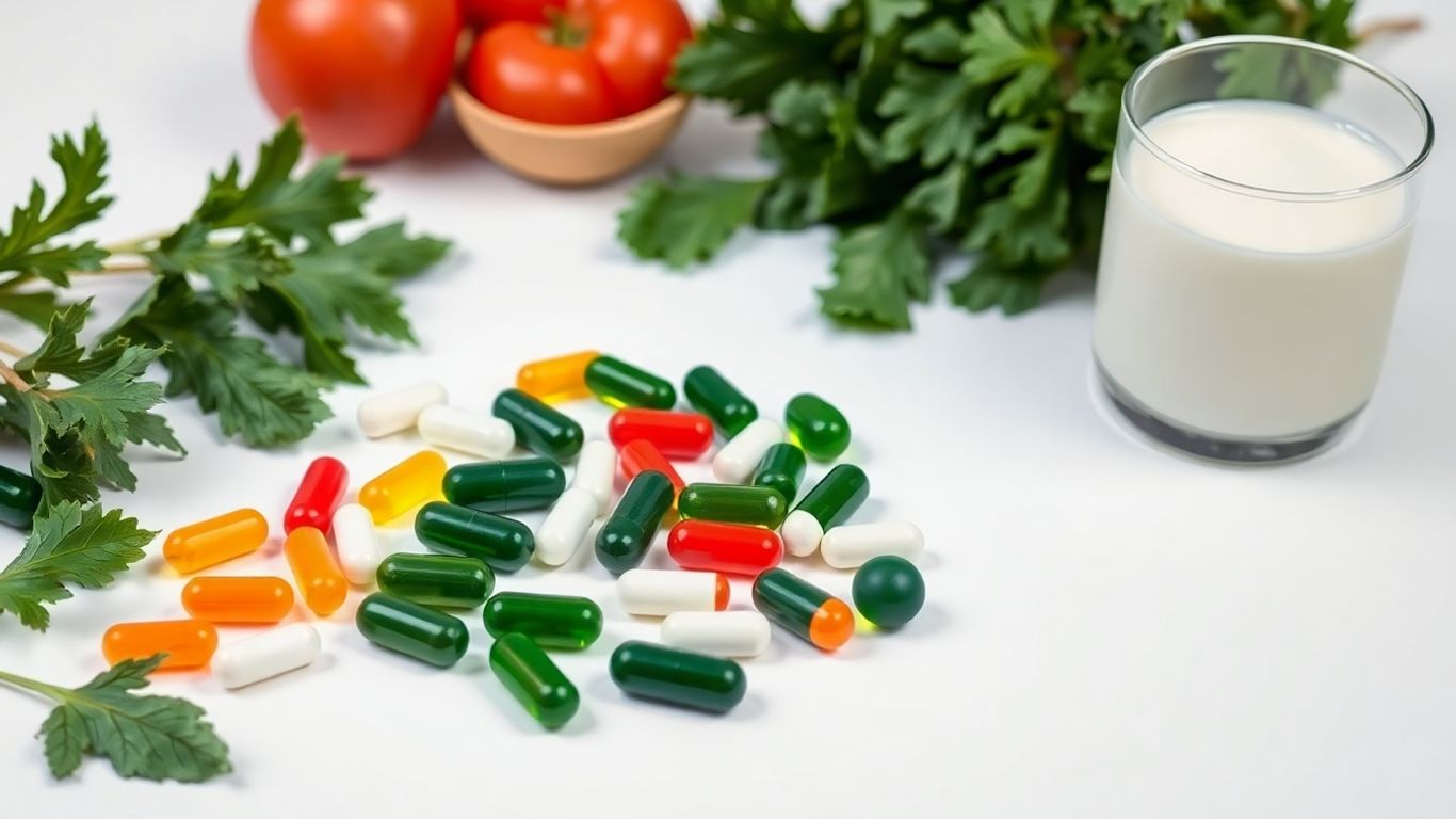 Vitamin capsules with leafy greens and a glass of milk.