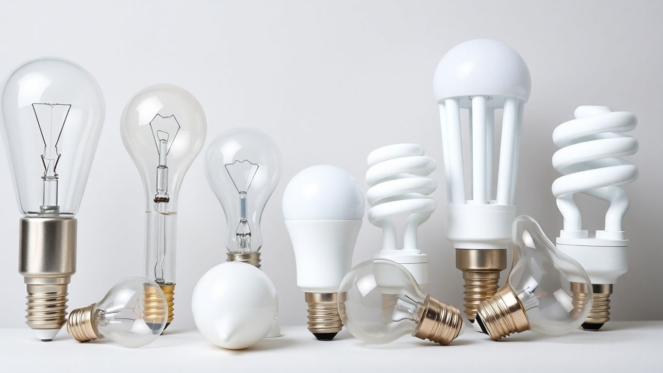 Various light bulbs including LED, halogen, and incandescent.