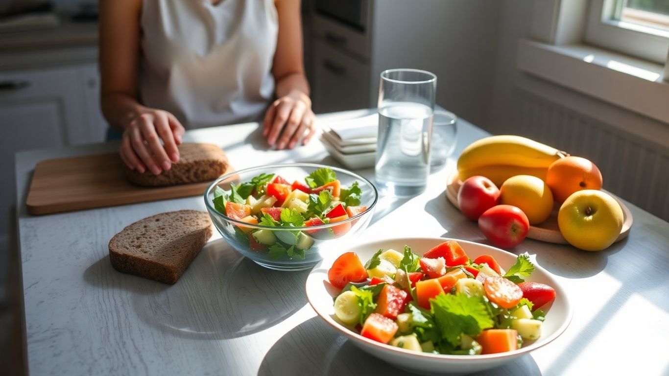 Person pausing before healthy meal at sunlit table