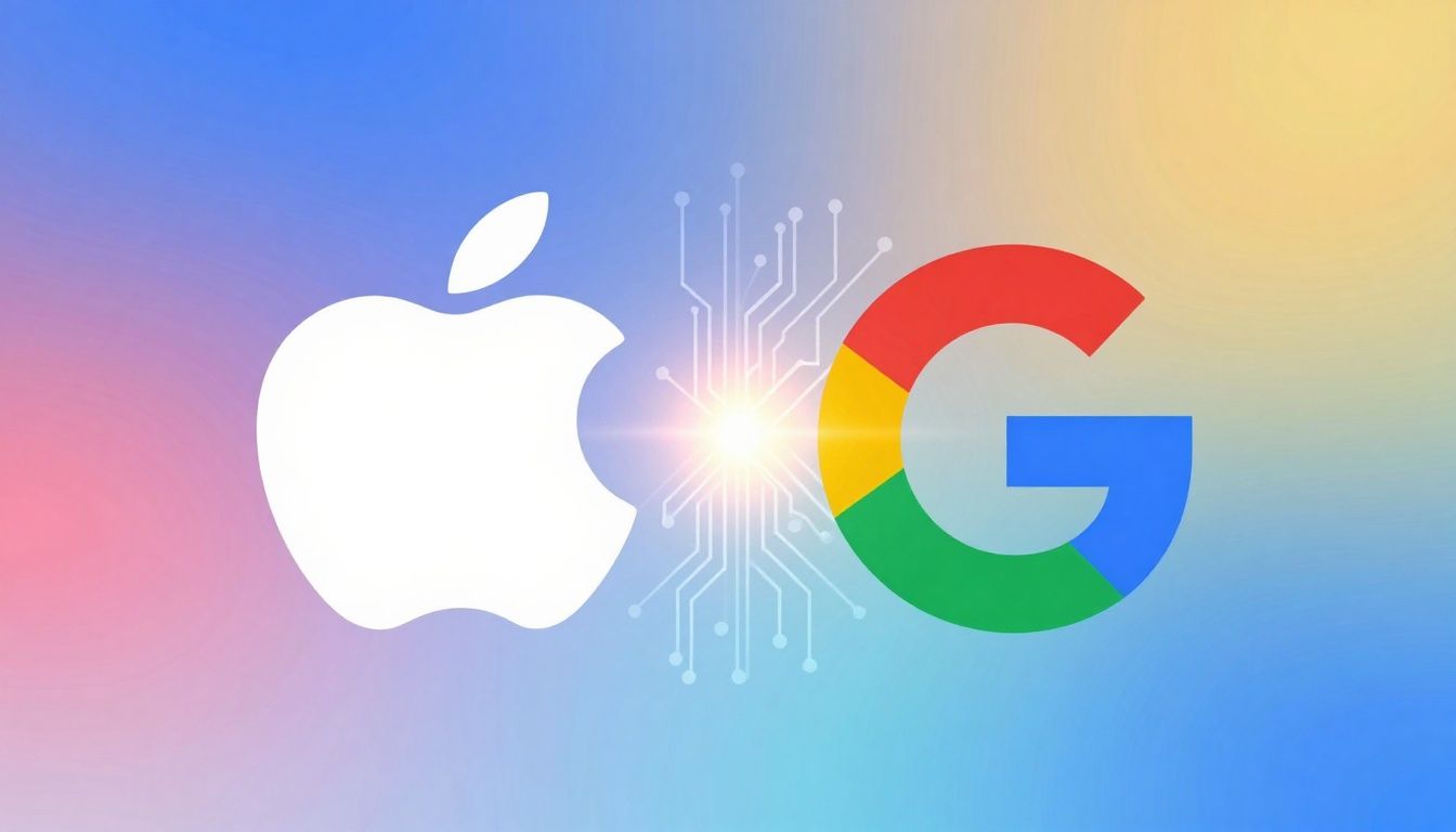 Apple and Google logos merging with AI circuitry and futuristic glow.