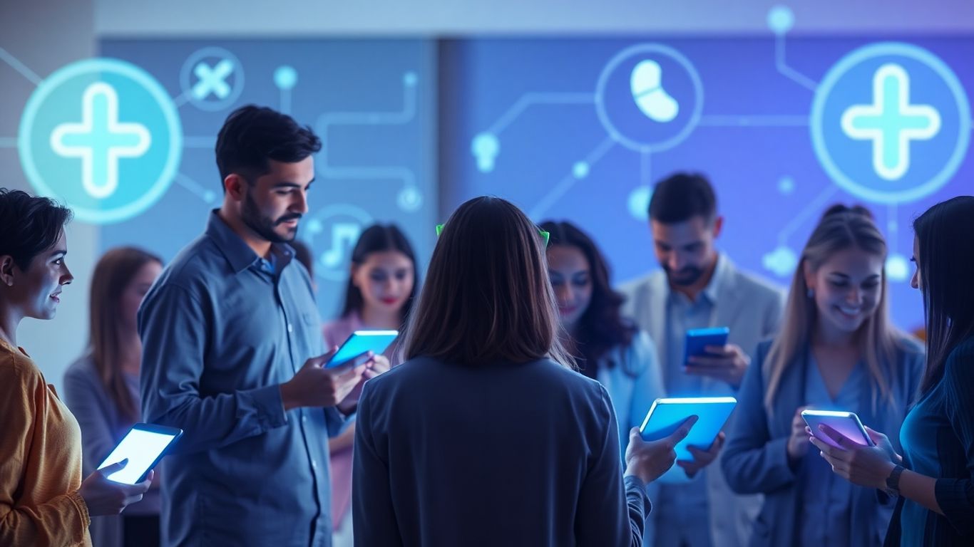 People engaging with digital interfaces for pharma.