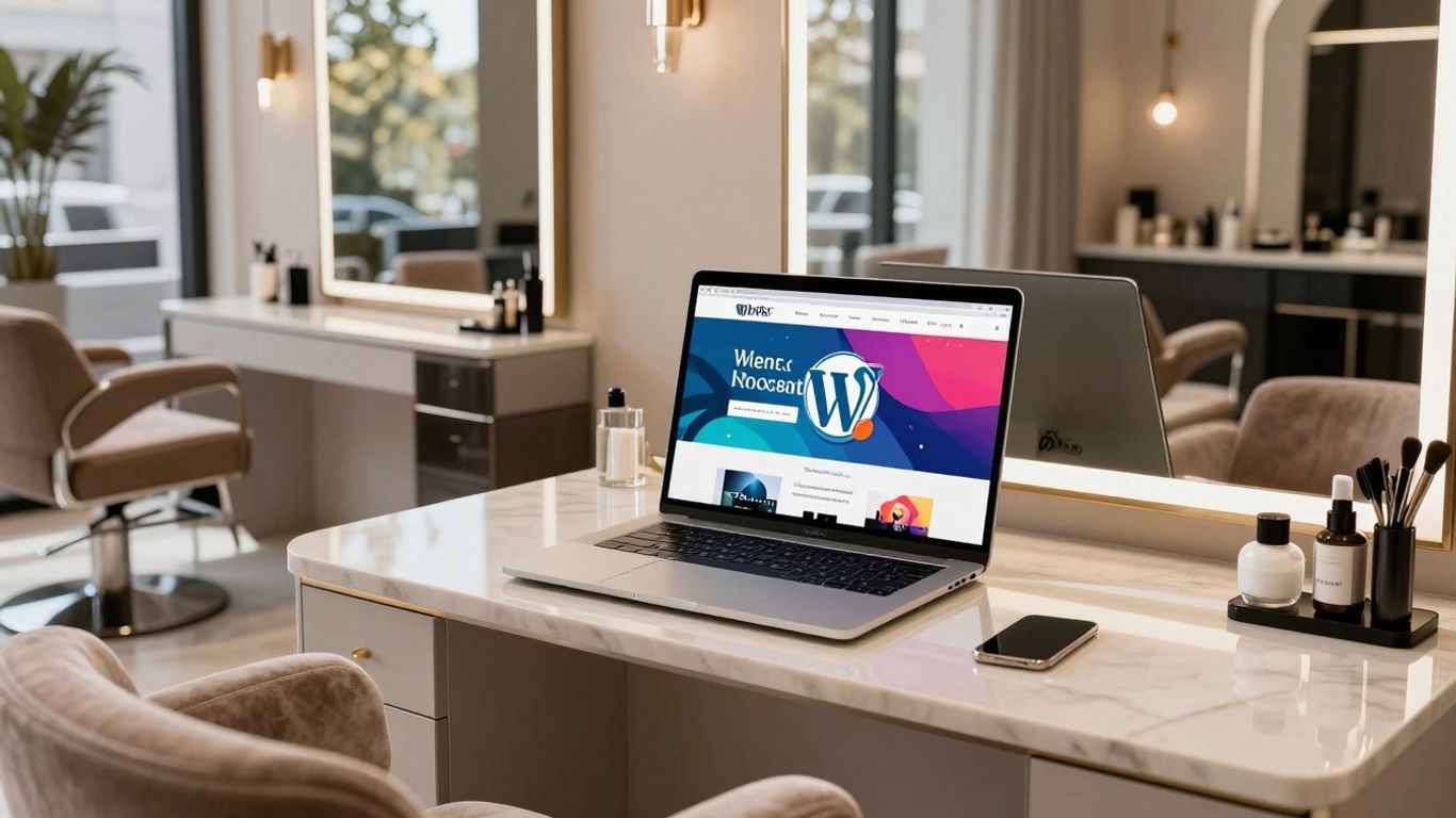 WordPress beauty salon website on a laptop.