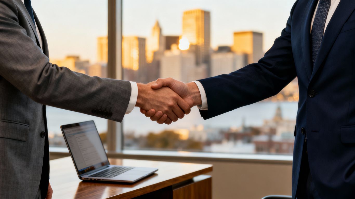 Boston business professionals shaking hands, discussing IT services.