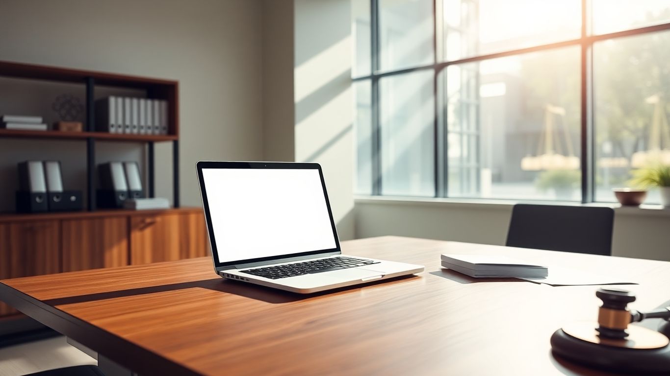 Law firm CRM interface on a laptop screen.