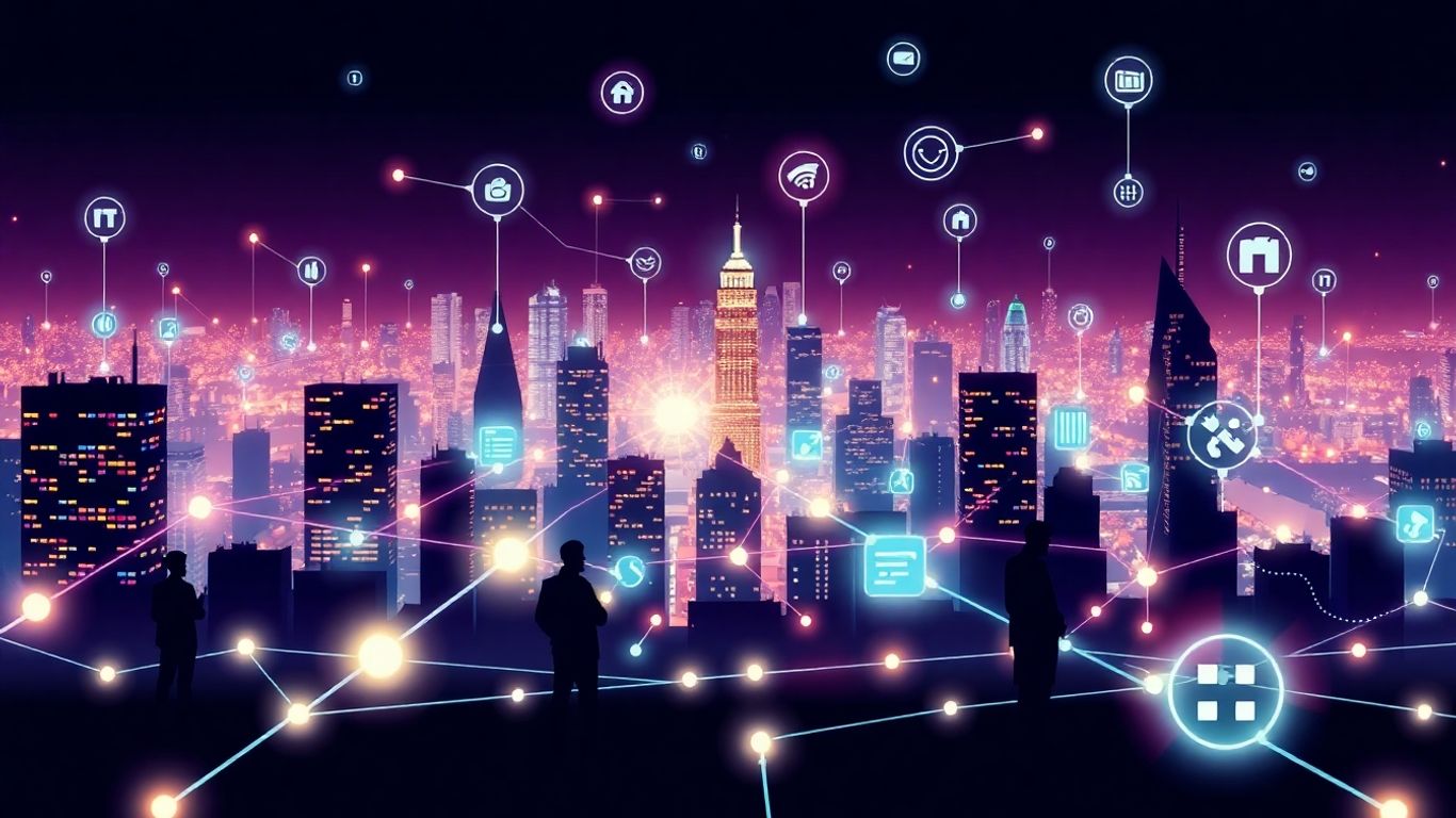 Columbus cityscape with IT network connections and tech icons.