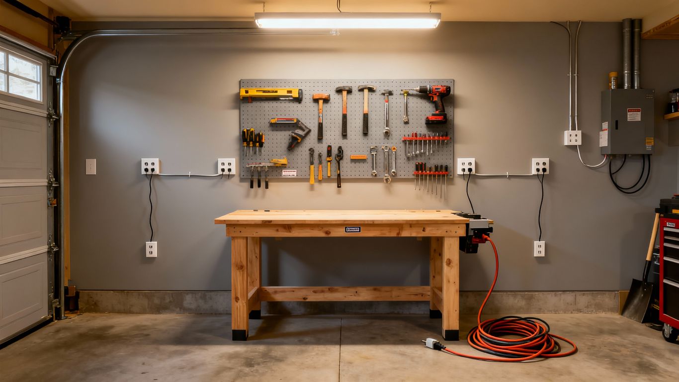 Garage interior with organized tools and electrical outlets.