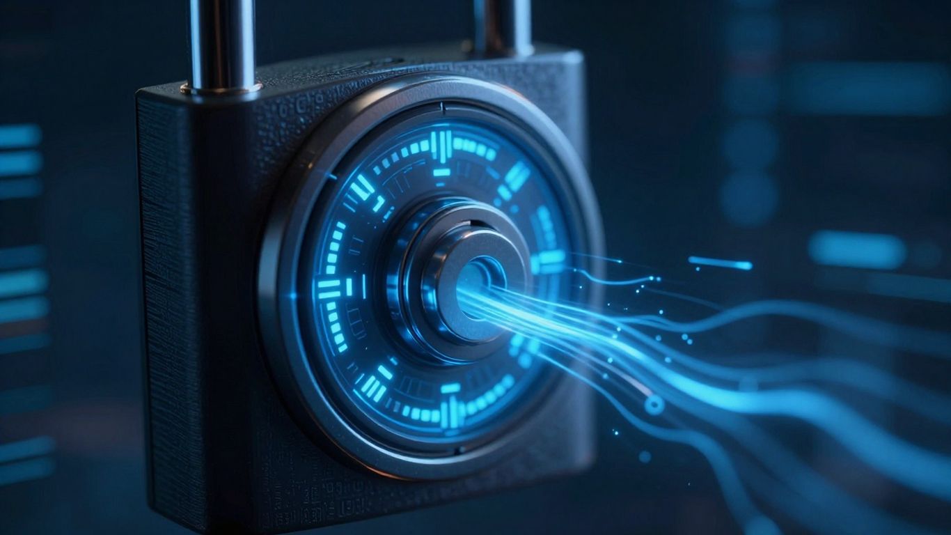 Digital lock with glowing data streams