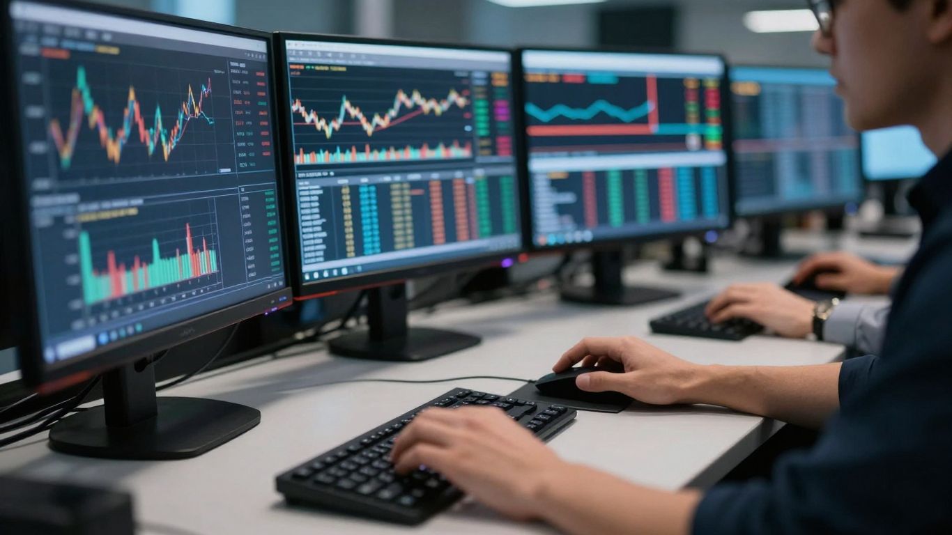 Interactive Brokers HK trading desk with glowing monitors.