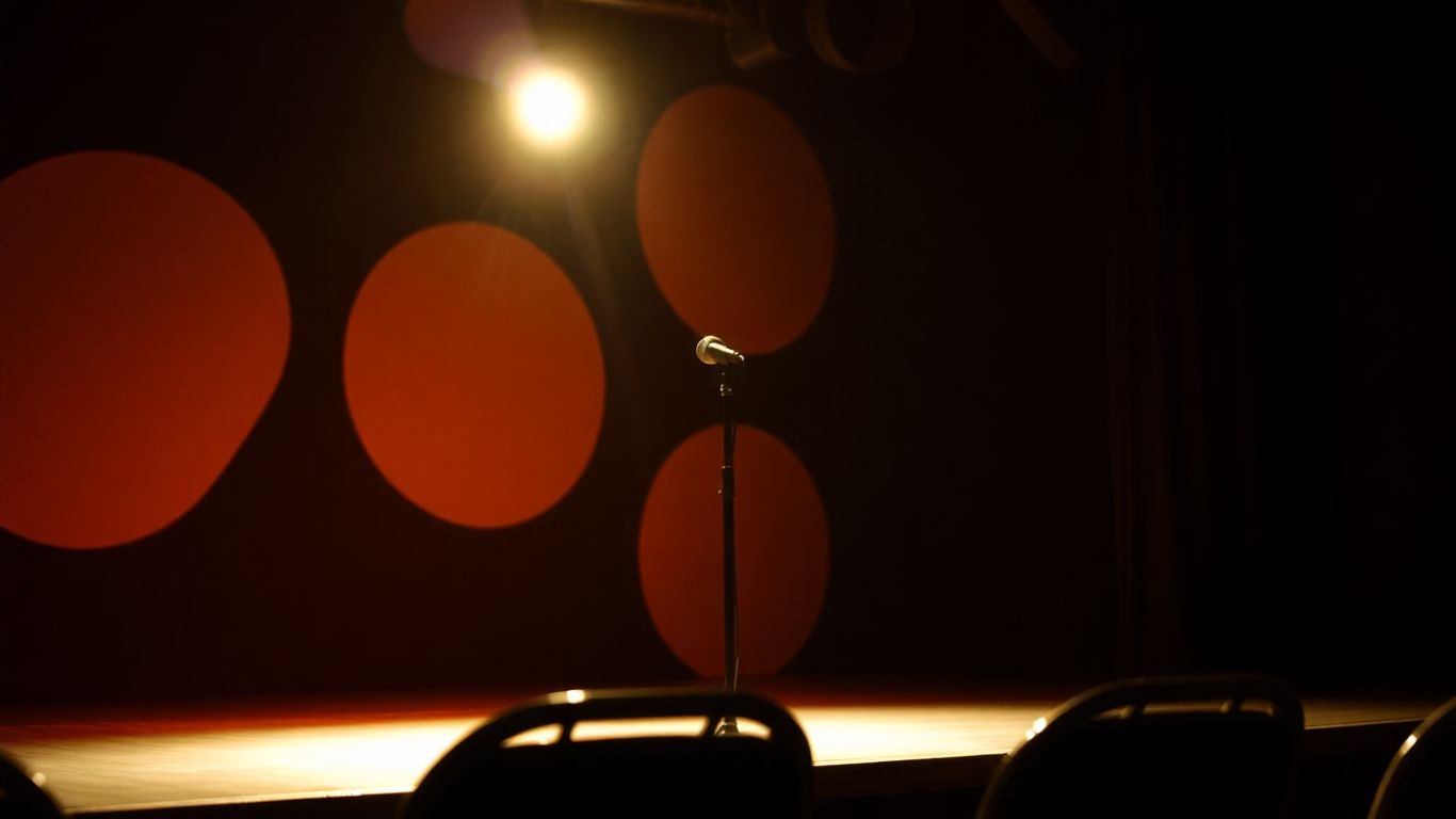 Spotlit microphone on a comedy stage.