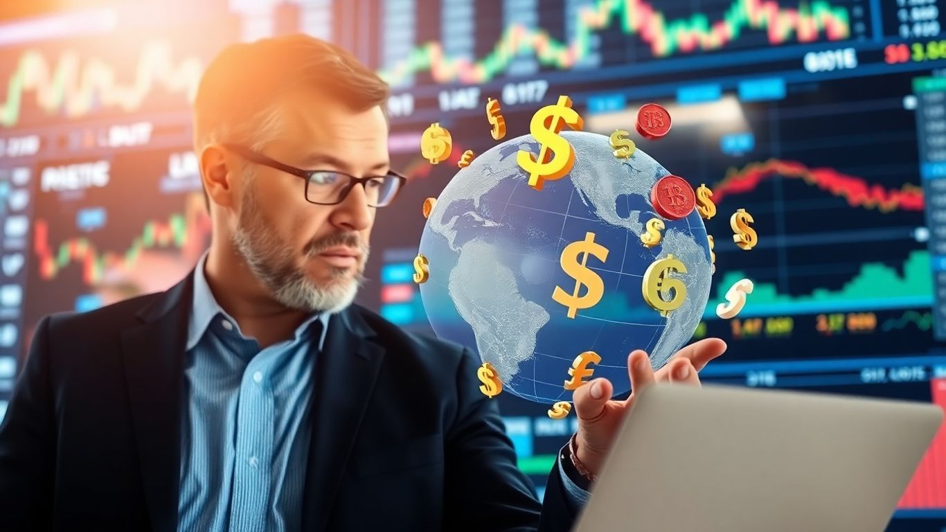 US trader looking at currency symbols and trading platforms.