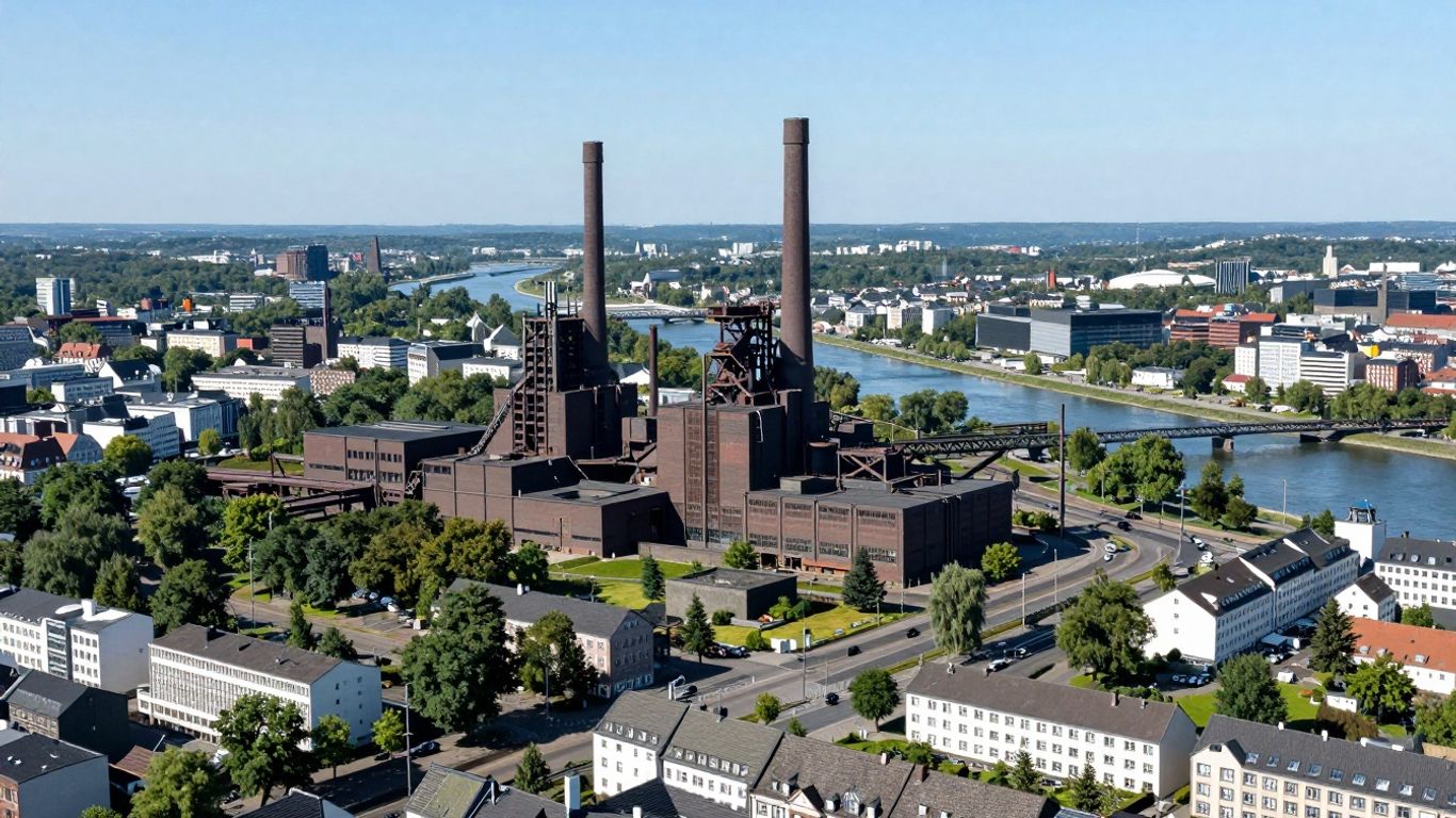 Industrielle Landschaft im Ruhrgebiet mit grünen Flächen.