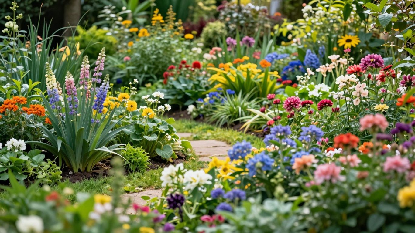 Sfeervolle tuin met bloemen en groene planten.