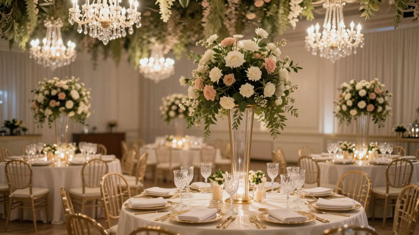 Elegant ballroom with flowers, chandeliers, and table settings.