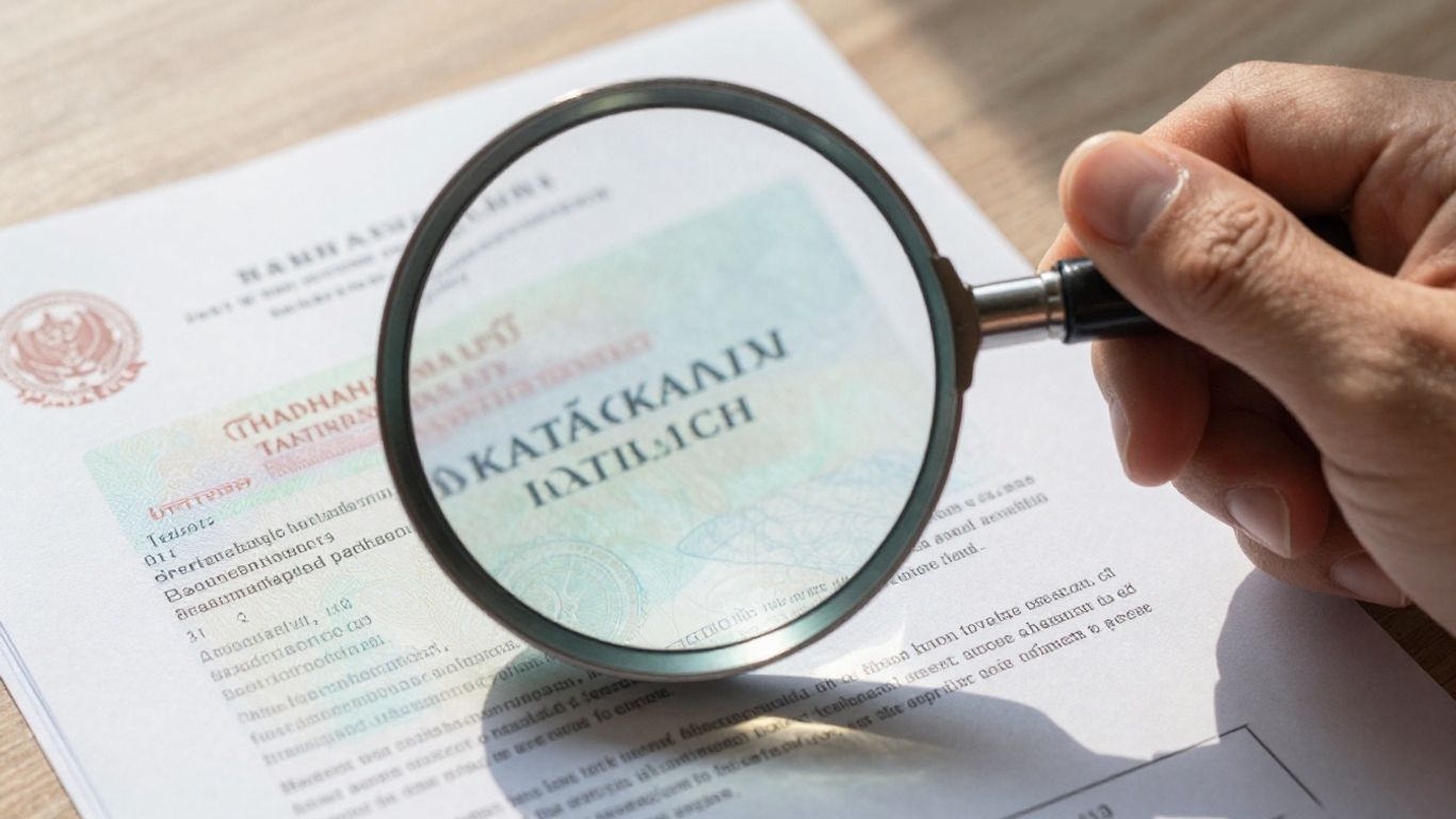 Magnifying glass over Thai property title deeds.