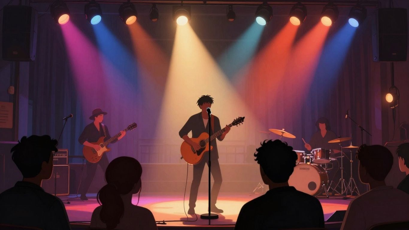 Nashville music stage with spotlight and silhouettes.