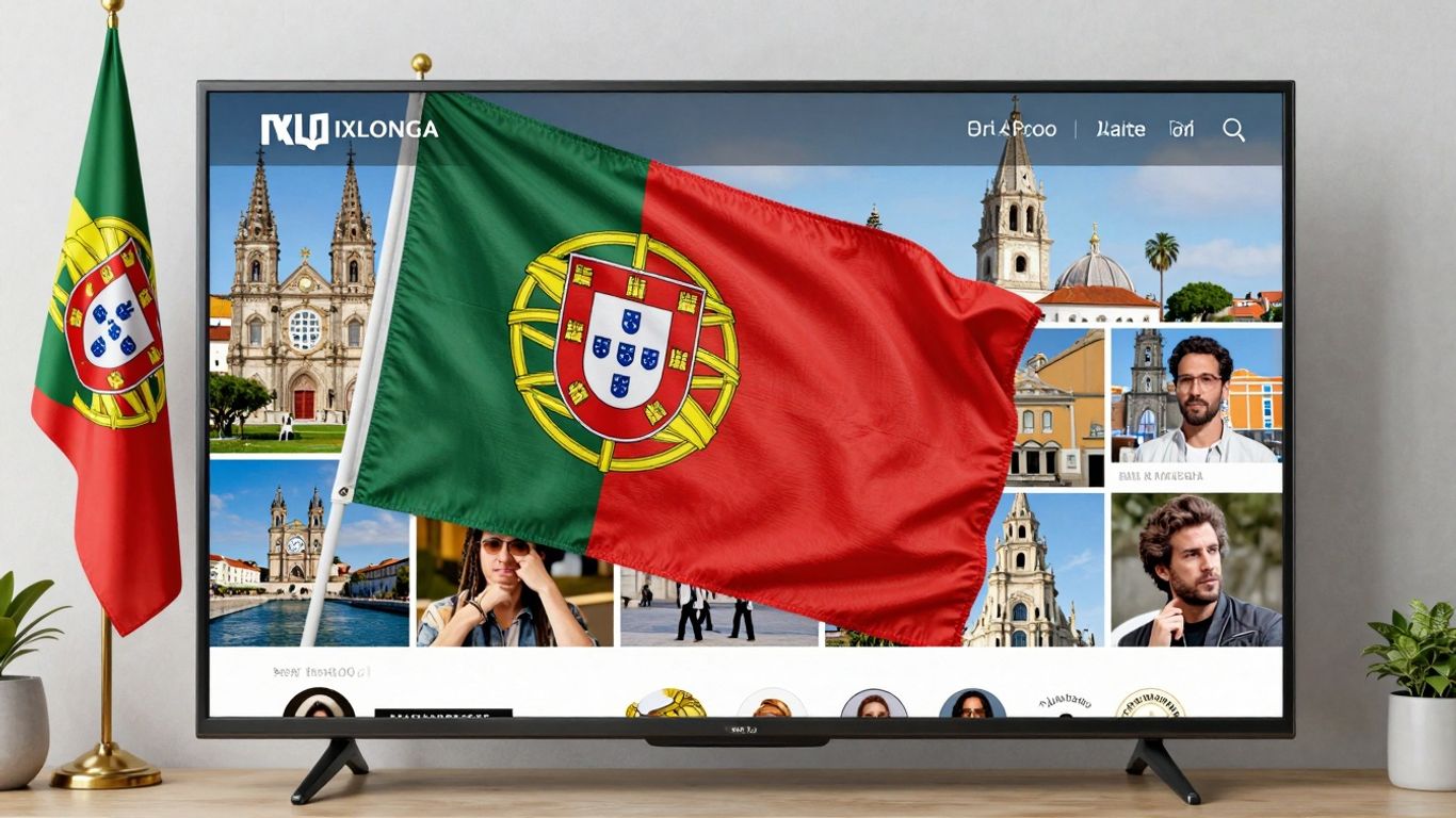 Premium IPTV service for Portugal with flag and TV.
