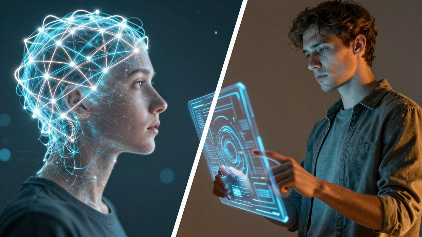 Person interacting with AI, balancing trust and overconfidence.