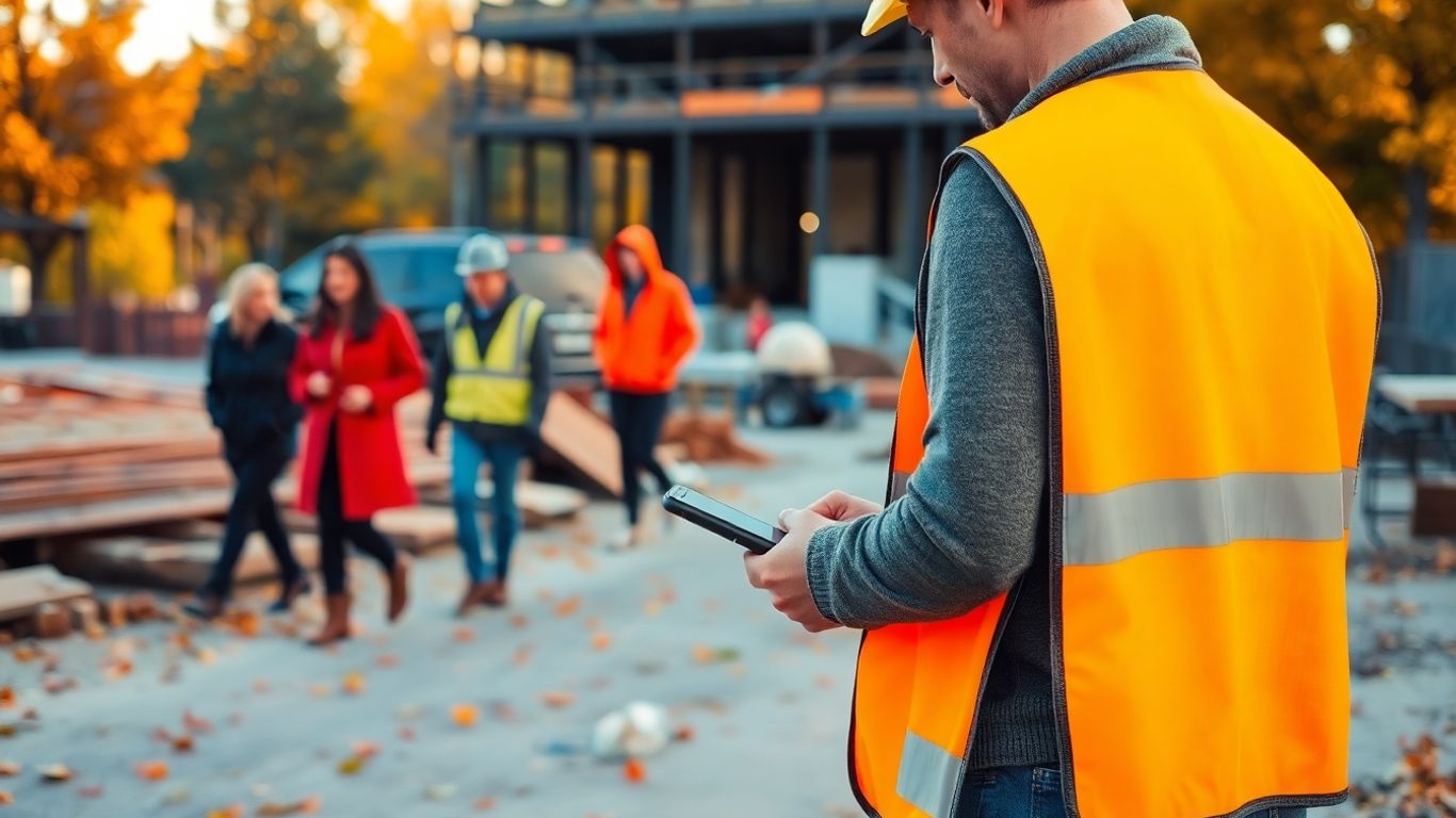Contractor using smartphone at autumn construction site