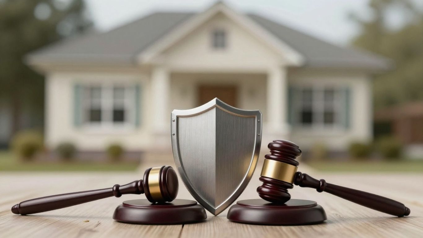 Casa protegida con escudo y mazo legal.