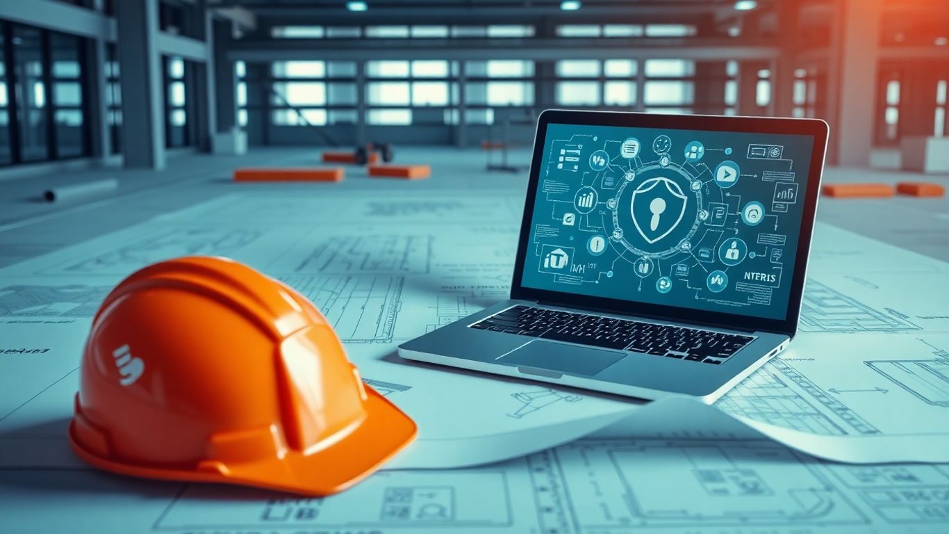 Construction site with cybersecurity elements.