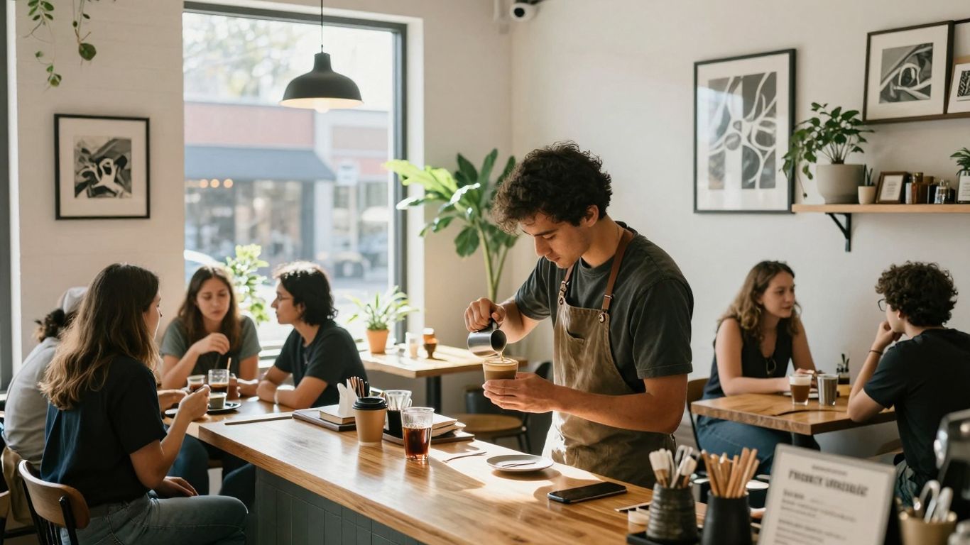 Austin coffee shop interior with latte art and patrons.