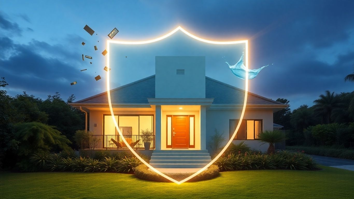 Casa protegida contra imprevistos con escudo de seguridad.