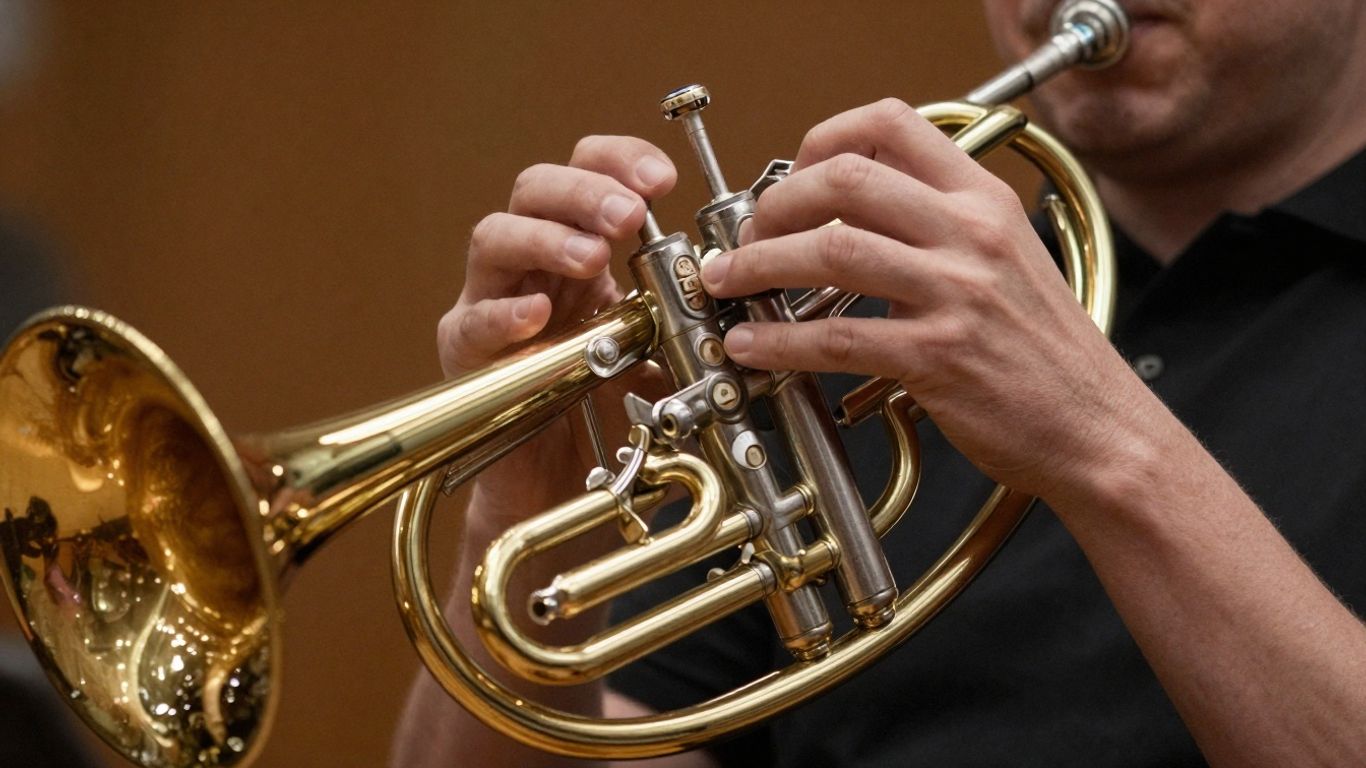 Musiker spielt Waldhorn, Nahaufnahme der Hände und des Instruments.