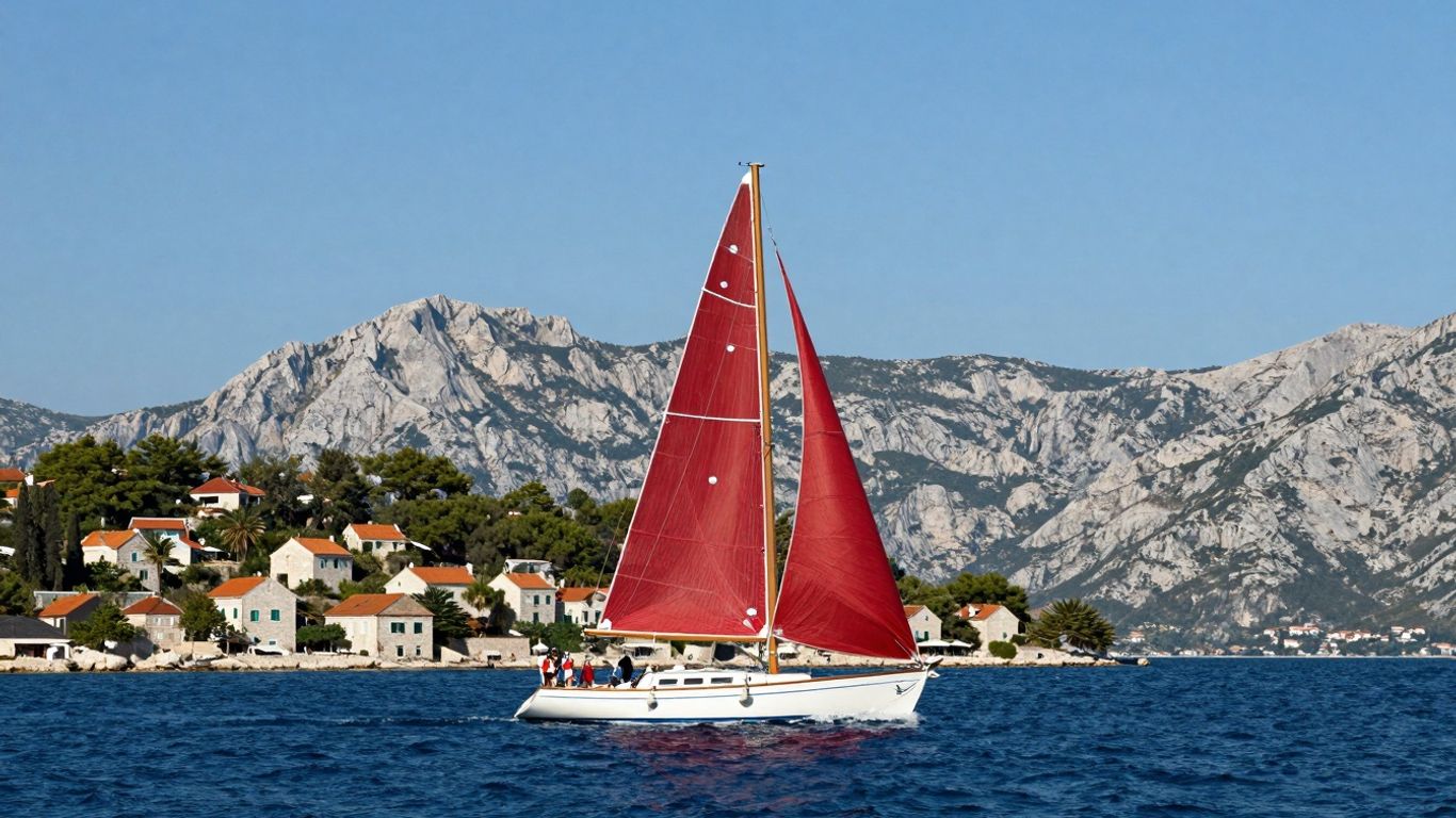 Sailing boat on the Dalmatian Coast near islands.