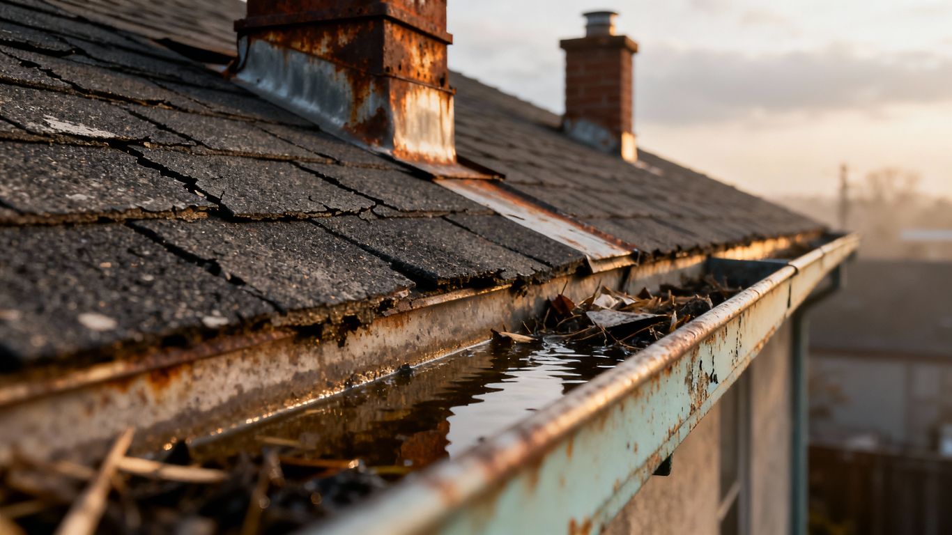 Commercial building rooftop inspection close-up.