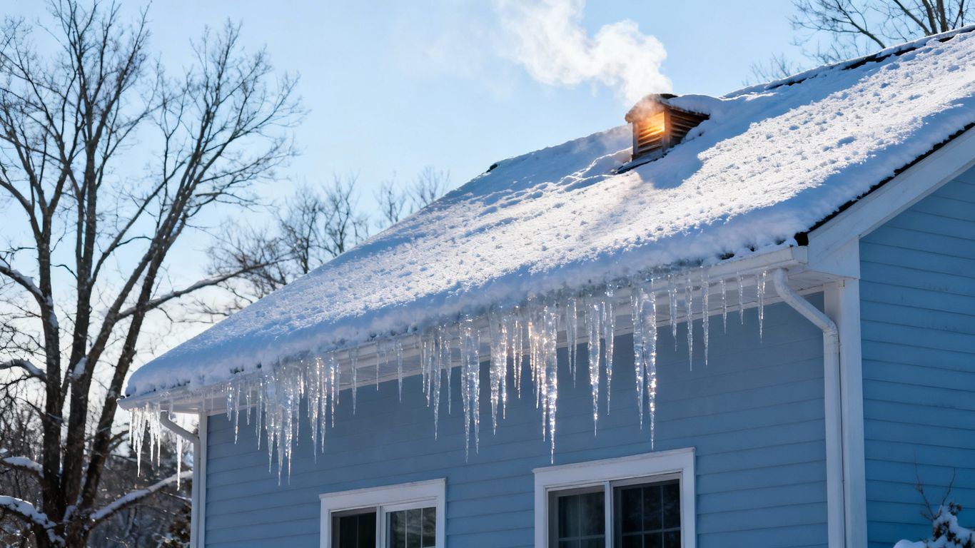 Snowy roof with icicles and escaping warm air.