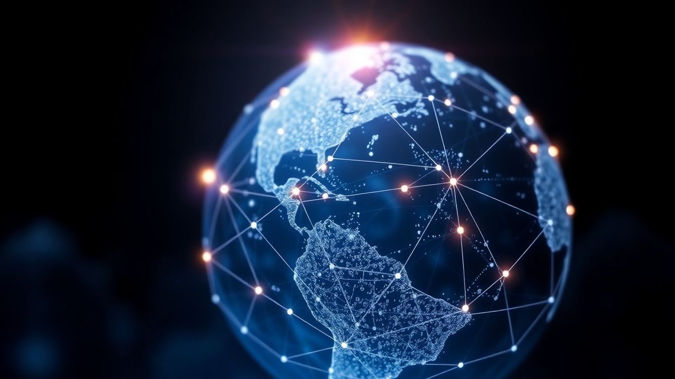 Stylized glowing globe with interconnected network lines.