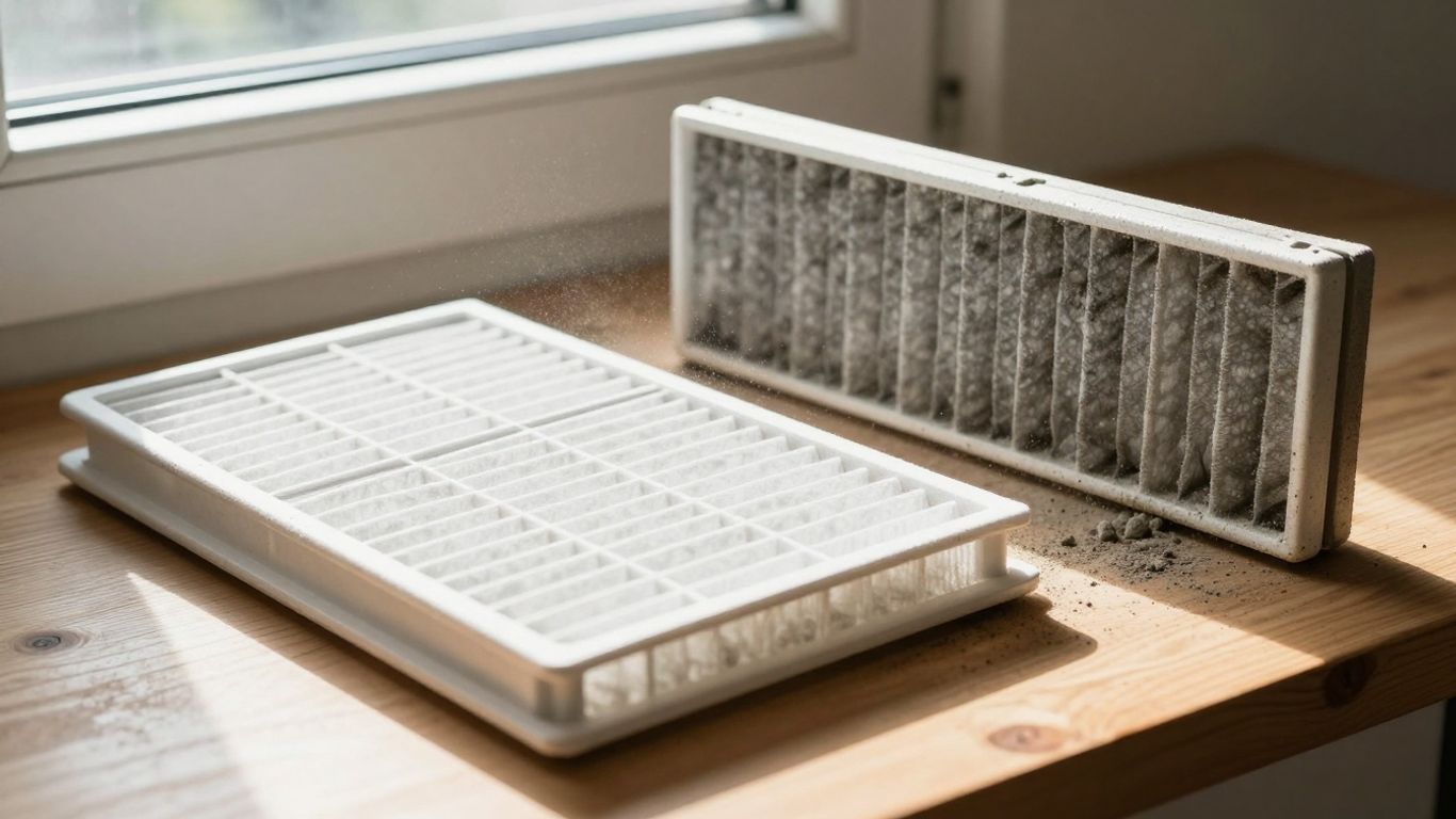 Clean and dirty HVAC filters side-by-side.
