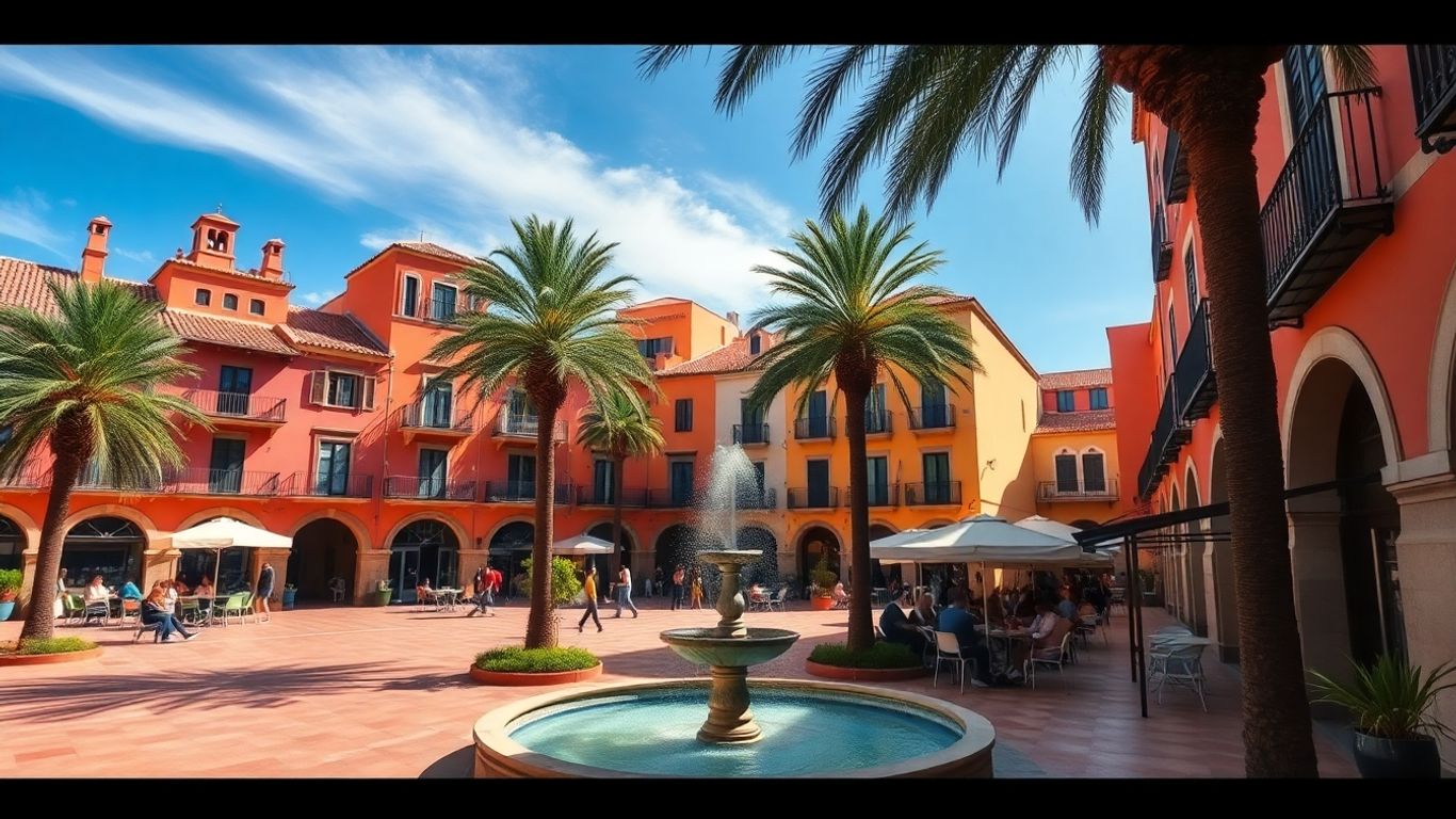Vibrant Spanish plaza with colorful buildings and fountain.