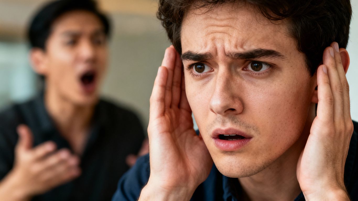 Confused person listening to someone speaking too fast.