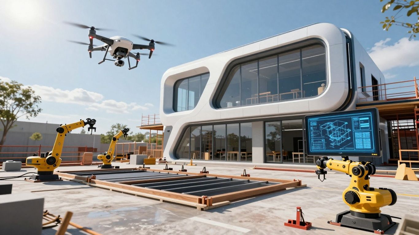Modern construction site with drones, robots, and futuristic materials.