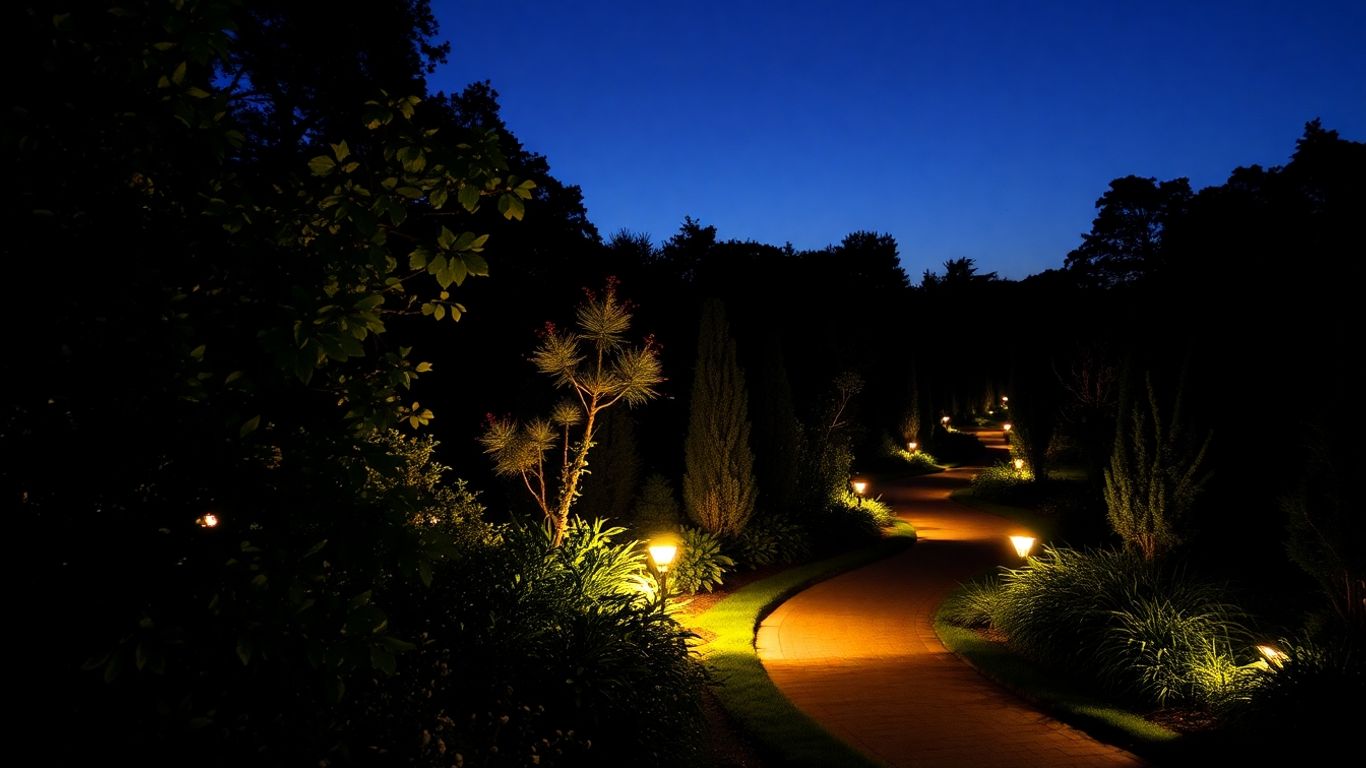 Garden lit up at night with pathway lights.