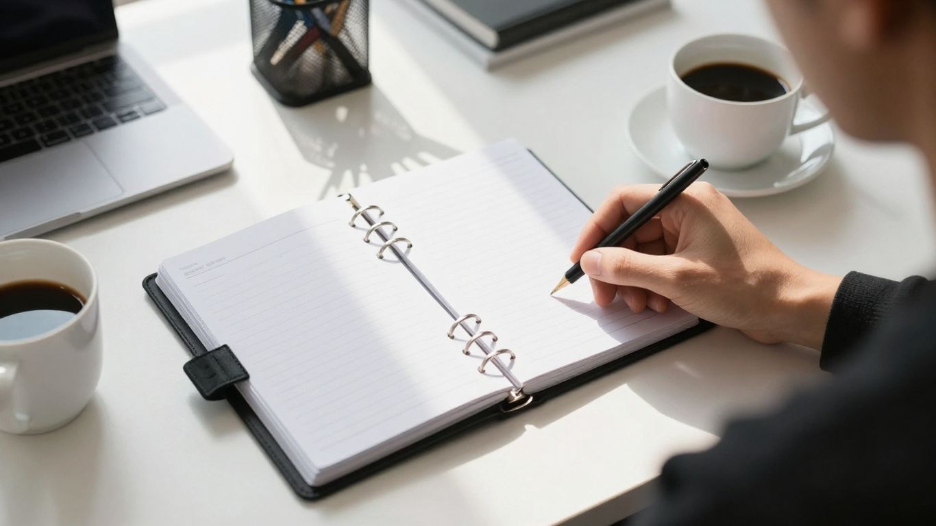 Person organizing a desk with planner and coffee.
