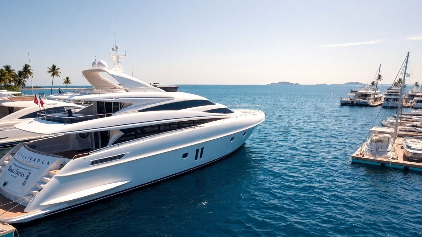 Luxury yacht docked in a tropical marina.