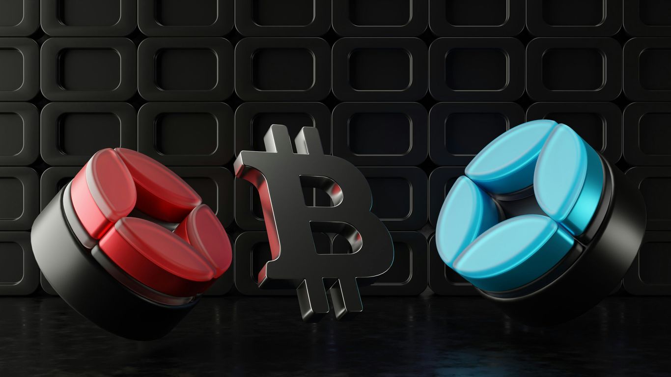 Red and blue tokens with a central Bitcoin symbol.