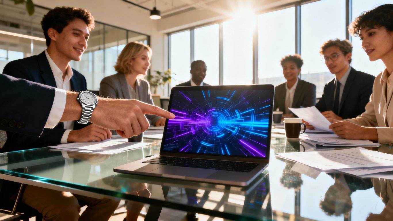 Business professionals collaborating on a laptop.