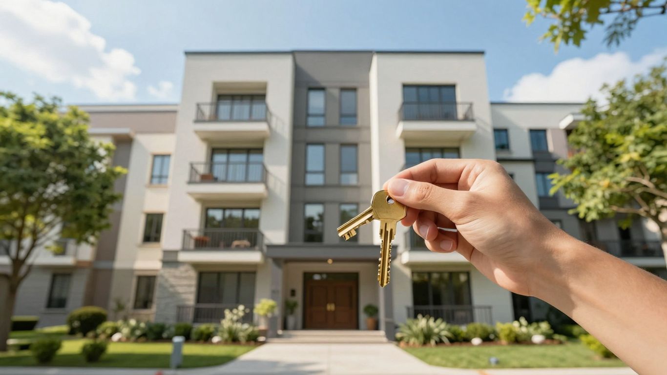 Modern apartment building with a hand holding a key.