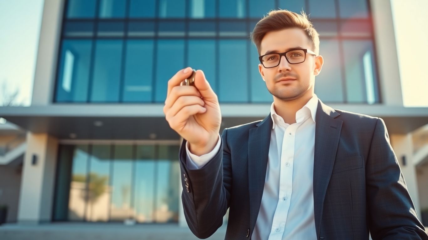Real estate agent with keys in front of office building.
