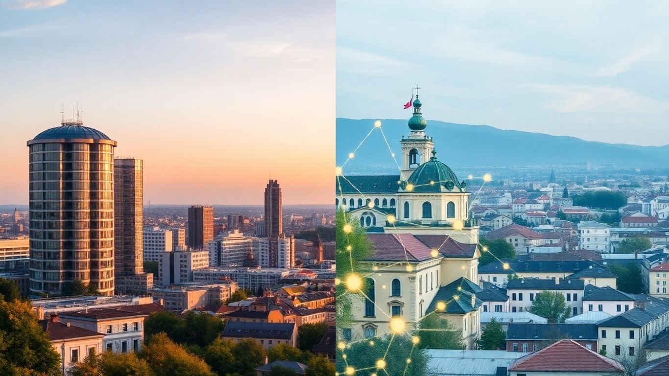 Orașe europene și românești conectate prin rețele digitale.