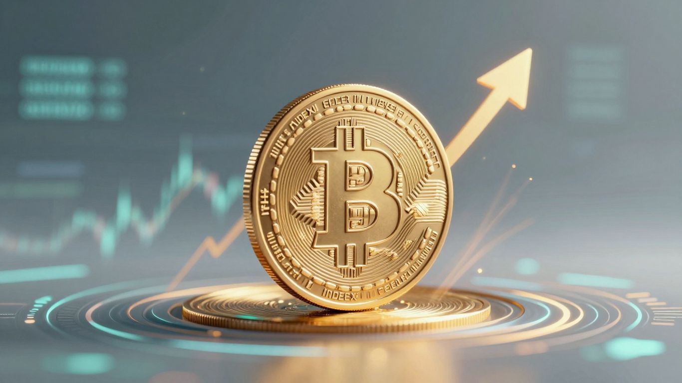 Golden Bitcoin coin rising amidst digital patterns.