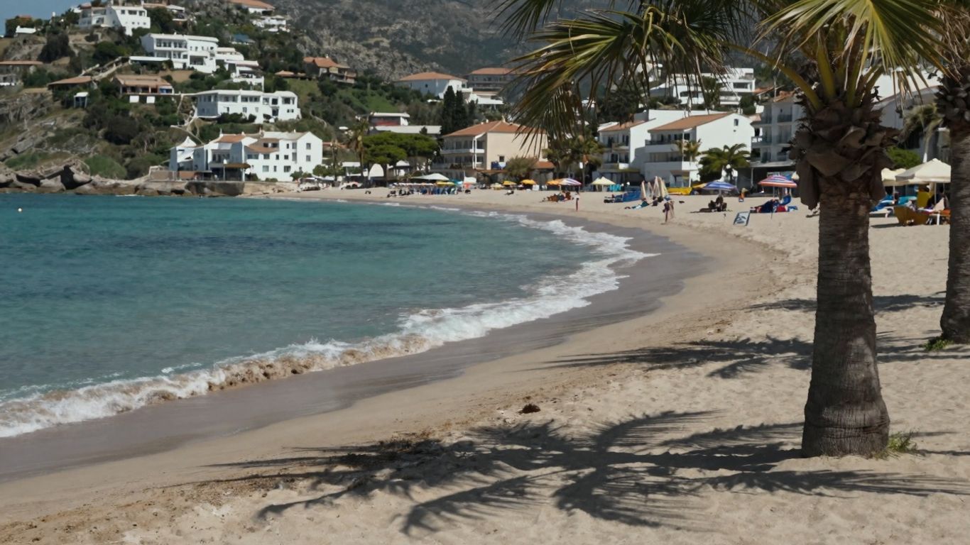 Sunny European beach with palm trees and white buildings.