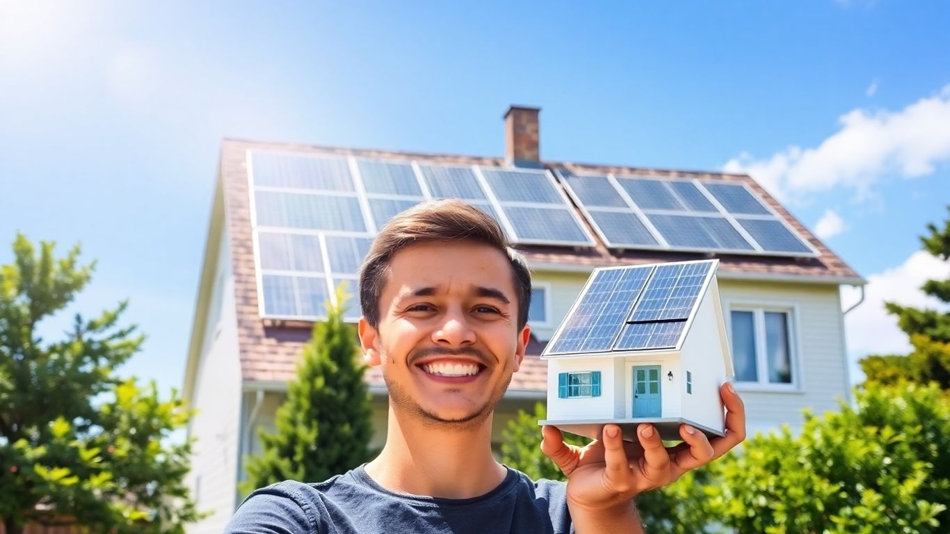 House with solar panels and a smiling person.