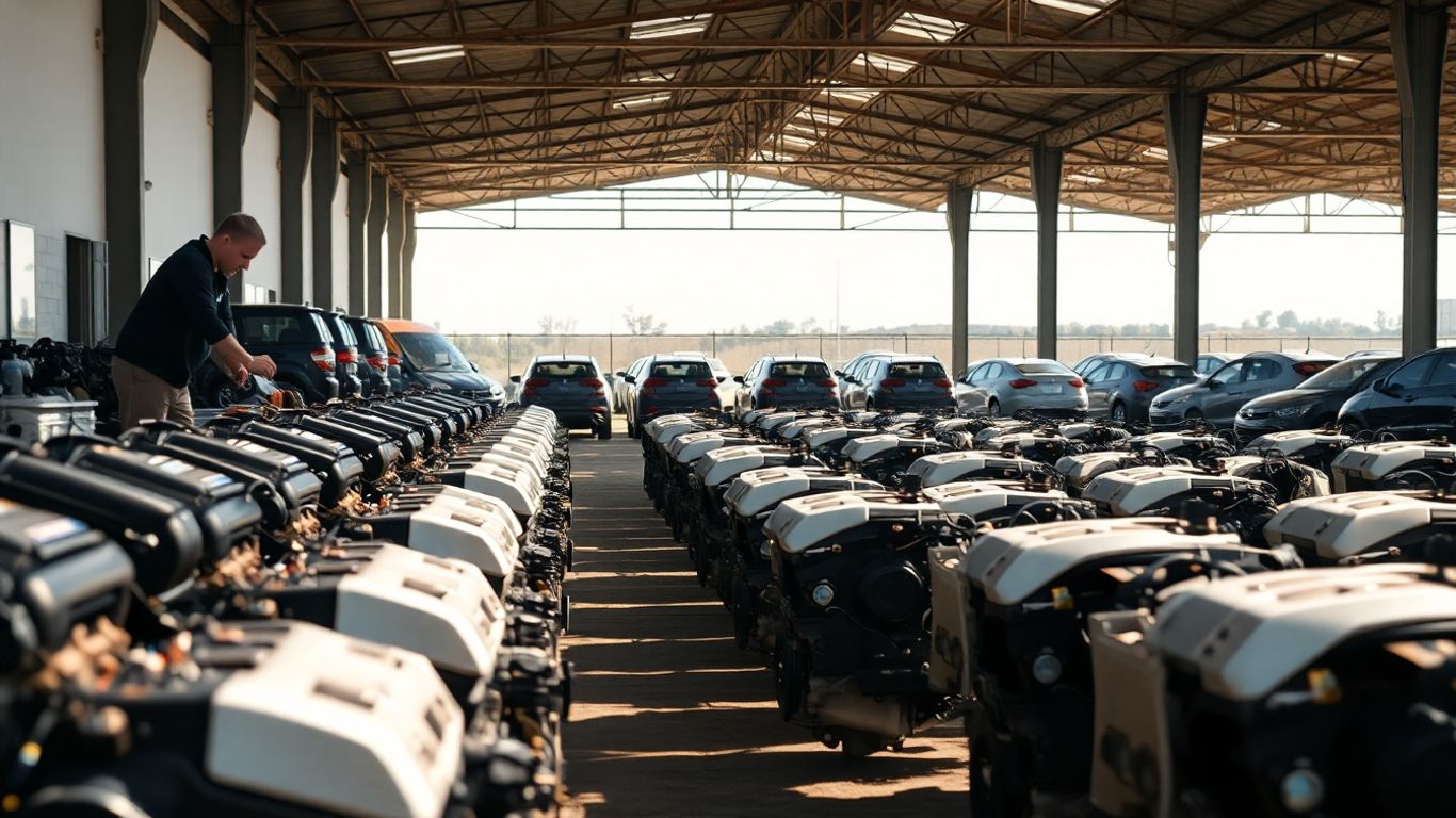 Mechanic inspects used Honda engines at salvage yard