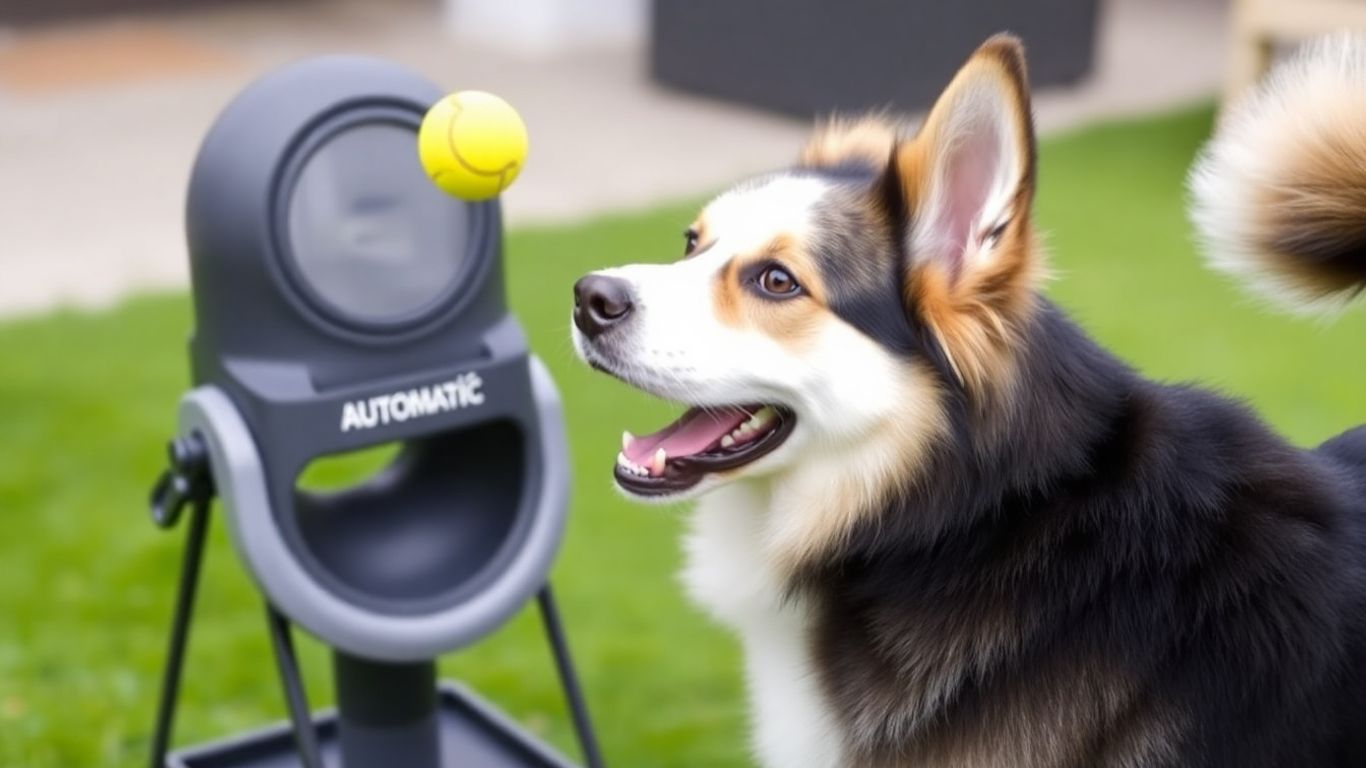 Dog playing with automatic ball launcher